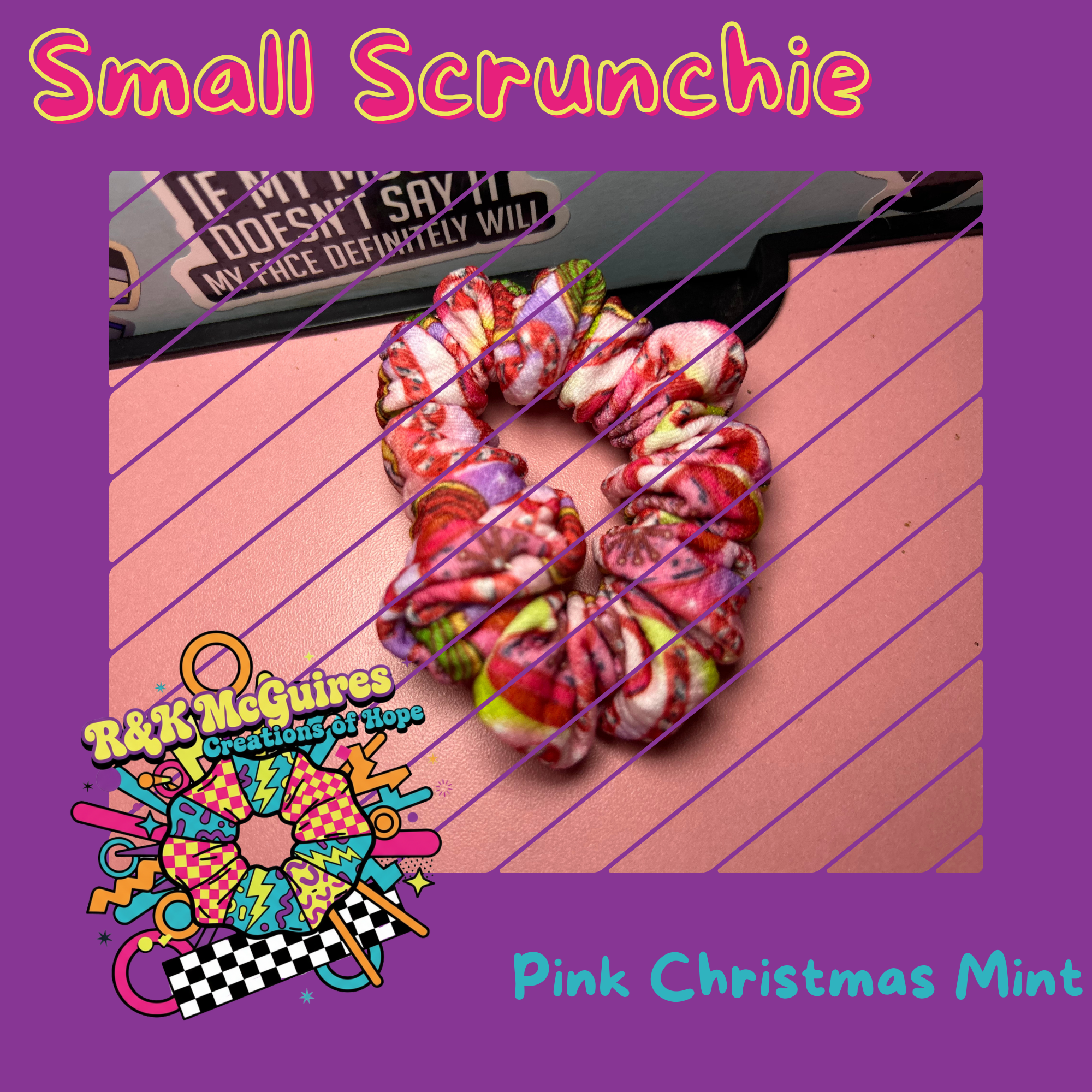 Handmade Pink Christmas Mint Scrunchie – Small | Ready to Ship